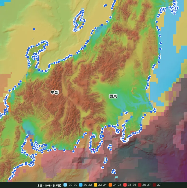 海面水温の色分けと凡例が分かる地図