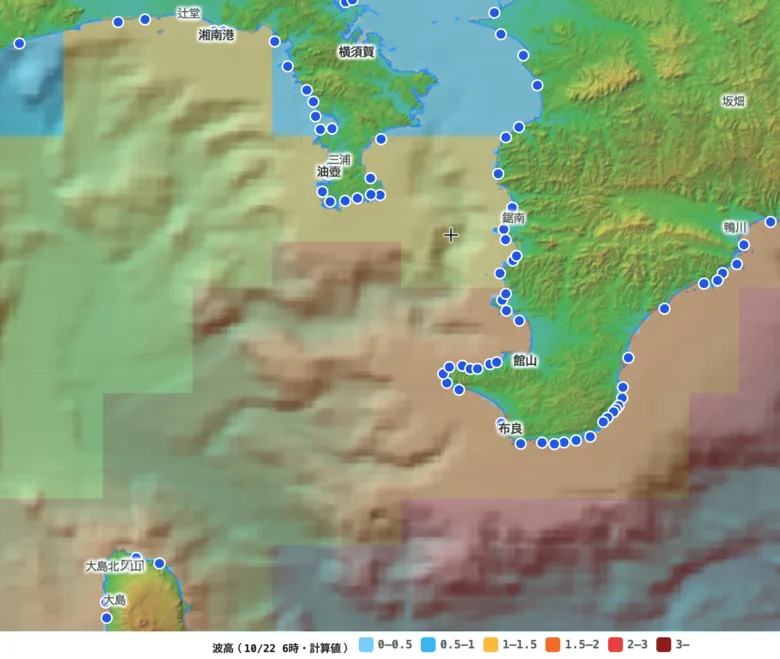 房総半島・三浦半島周辺の波高の色分けと凡例